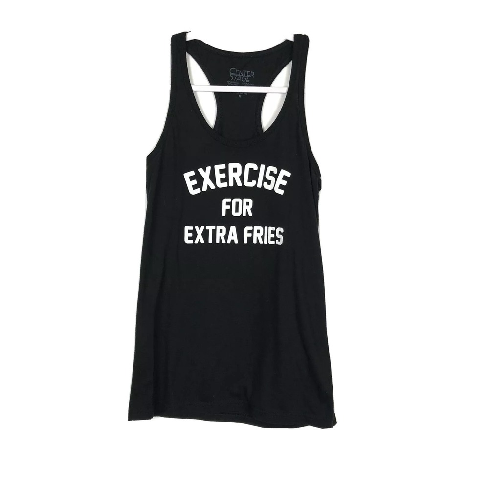 Womens Tank Top Sz M Racerback Graphic "exersiseForExtraFries" Center Stage
